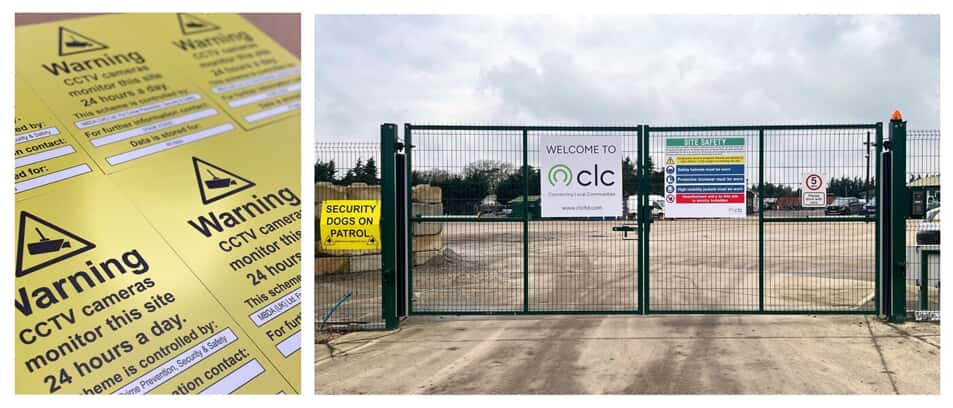 Custom FASTSIGNS safety entrance board with mandatory PPE and warning signs installed at a Hertfordshire building site.